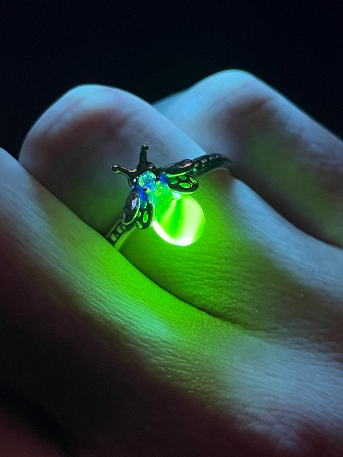 Uranium Glass (Firefly) Ring | Metallic Bug Jewelry | UV Glowing Insect