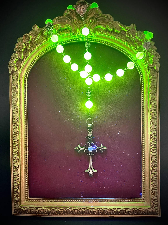 Uranium Glass Floral Rosary | Gothic Lotus & Rose Jewelry | UV Glow