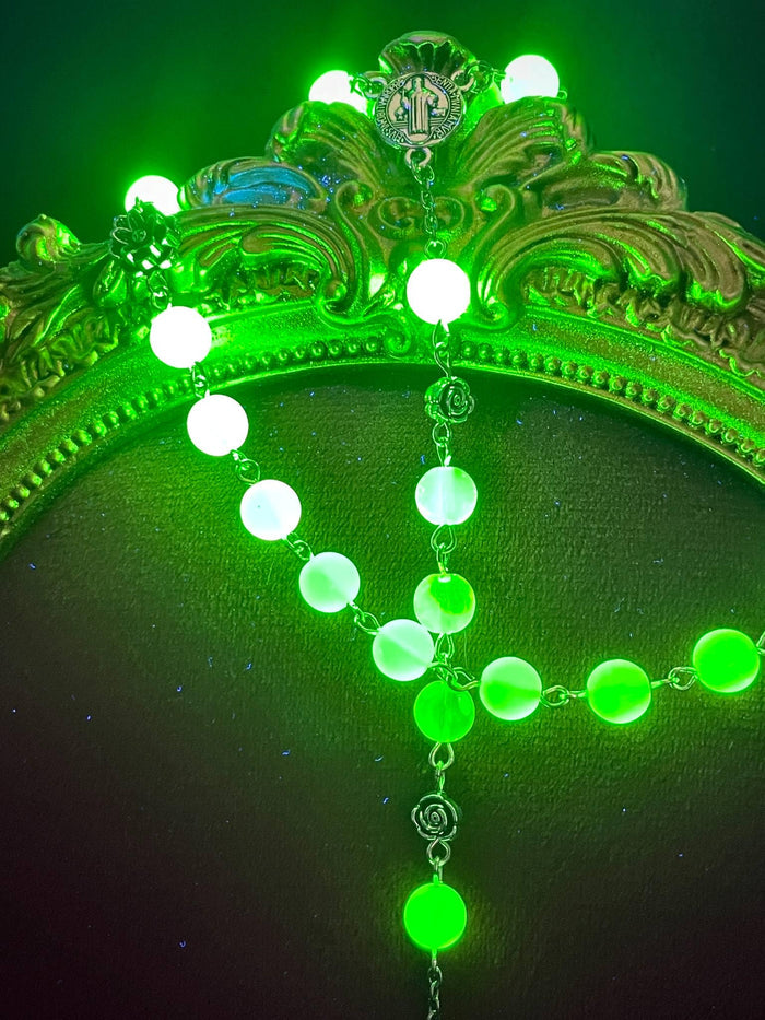Uranium Glass Floral Rosary | Gothic Lotus & Rose Jewelry | UV Glow