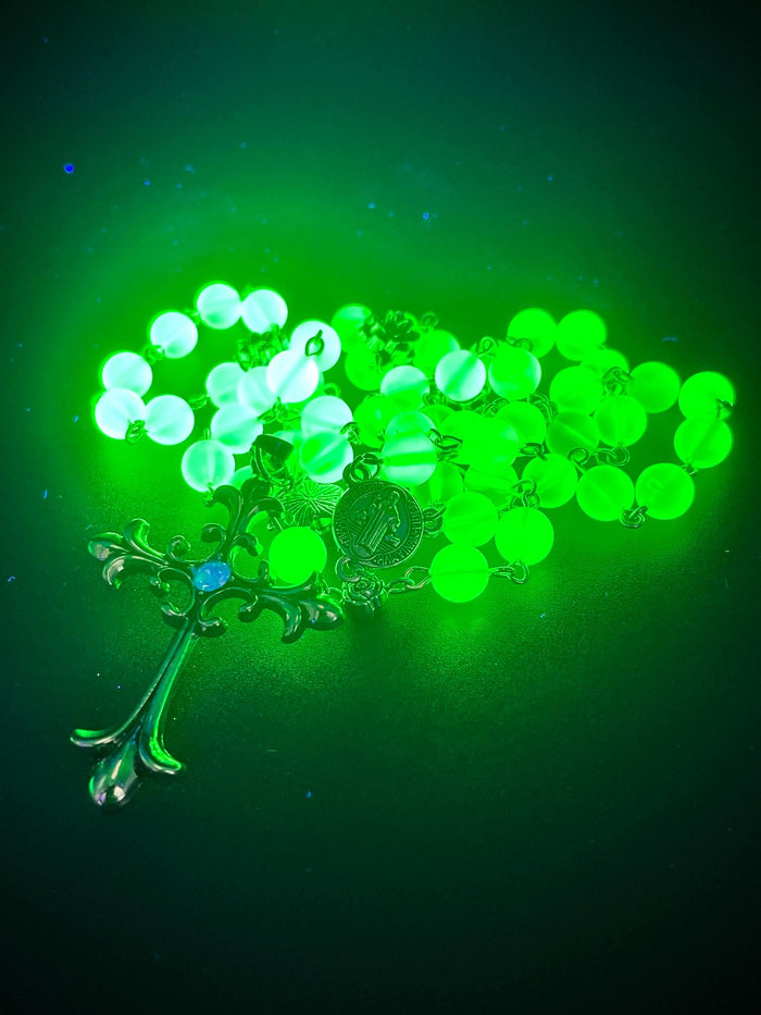 Uranium Glass Floral Rosary | Gothic Lotus & Rose Jewelry | UV Glow