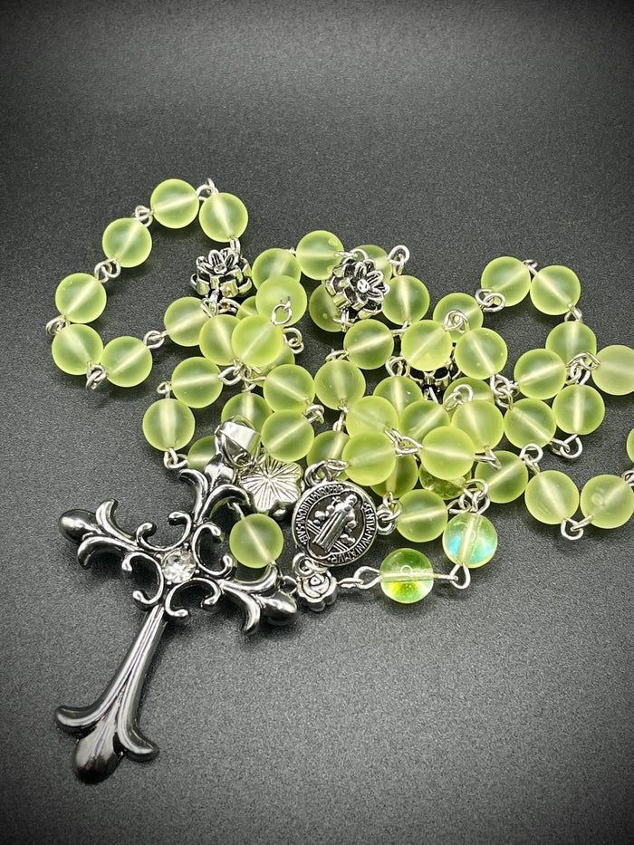 Uranium Glass Floral Rosary | Gothic Lotus & Rose Jewelry | UV Glow