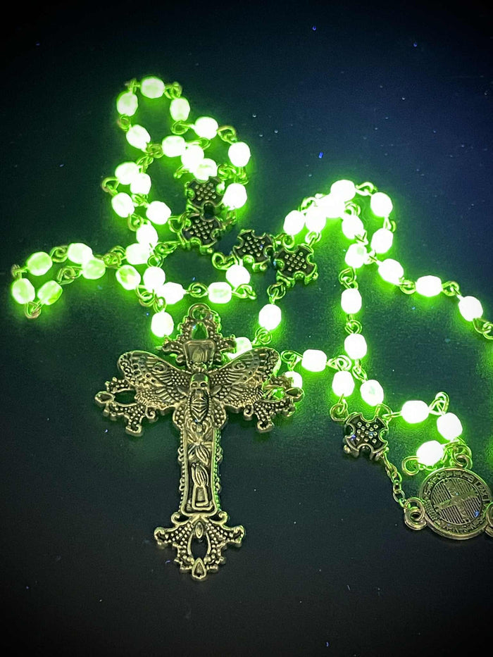 Uranium Glass (Moth) Rosary Necklace | Death's-head Hawk-moth | UV Glow | 59 Beads