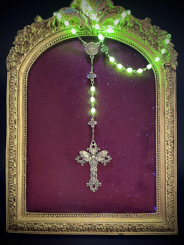 Uranium Glass (Moth) Rosary Necklace | Death's-head Hawk-moth | UV Glow | 59 Beads