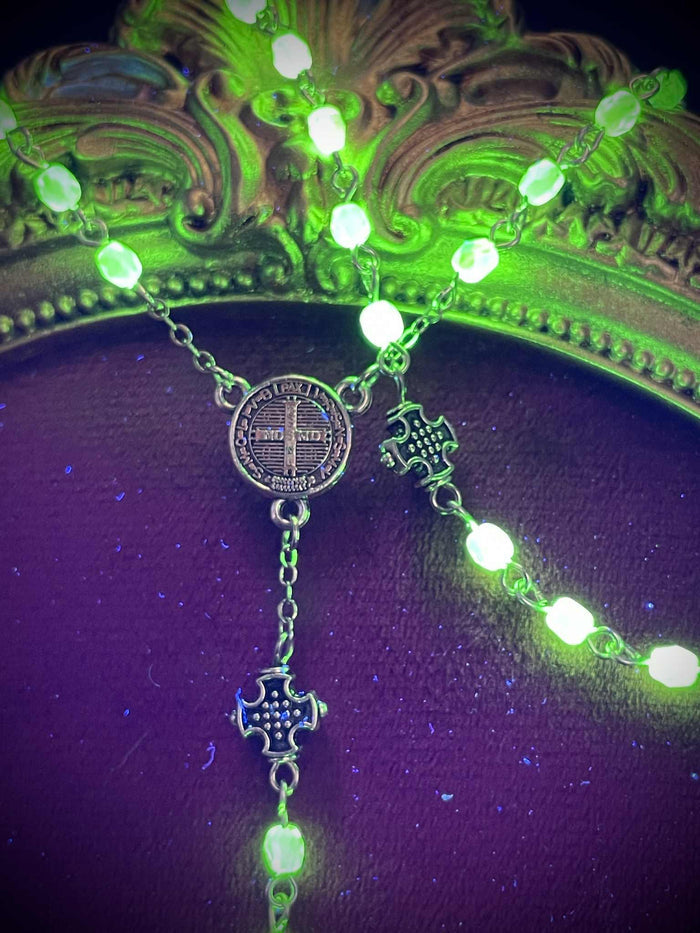 Uranium Glass (Moth) Rosary Necklace | Death's-head Hawk-moth | UV Glow | 59 Beads