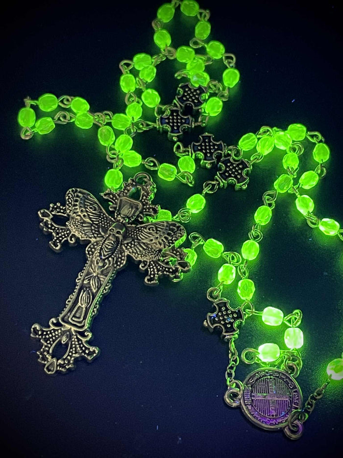 Uranium Glass (Moth) Rosary Necklace | Death's-head Hawk-moth | UV Glow | 59 Beads
