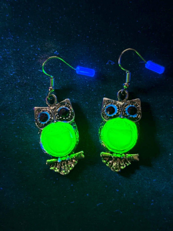 Uranium Glass (Owl) Earrings | Glow-In-The-Dark Jewelry | Includes One Pair