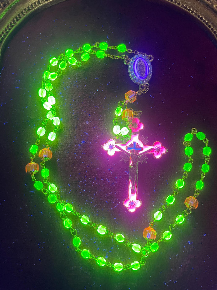 Uranium Glass Rosary | Catholic Crucifix | 59 Beads | UV Glowing
