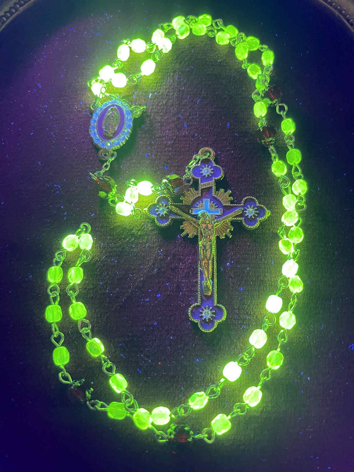 Uranium Glass Rosary | Catholic Crucifix | 59 Beads | UV Glowing