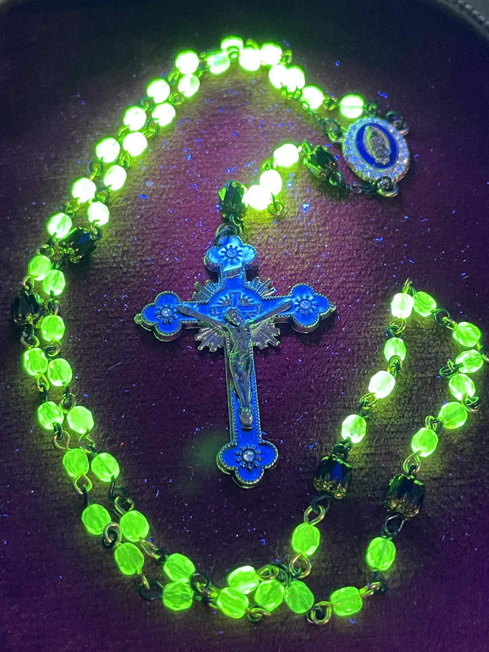 Uranium Glass Rosary | Catholic Crucifix | 59 Beads | UV Glowing