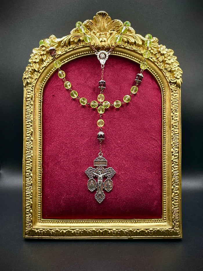 Uranium Glass Rosary with Jesus, Virgin Mary & St. Benedict | Glowing Crimson Beads Necklace