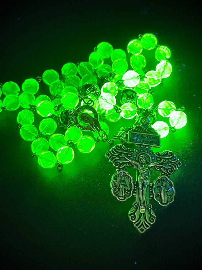Uranium Glass Rosary with Jesus, Virgin Mary & St. Benedict | Glowing Crimson Beads Necklace