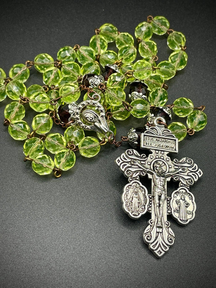 Uranium Glass Rosary with Jesus, Virgin Mary & St. Benedict | Glowing Crimson Beads Necklace