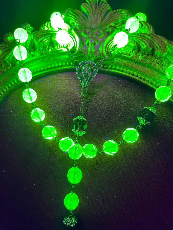 Uranium Glass Rosary with Jesus, Virgin Mary & St. Benedict | Glowing Crimson Beads Necklace