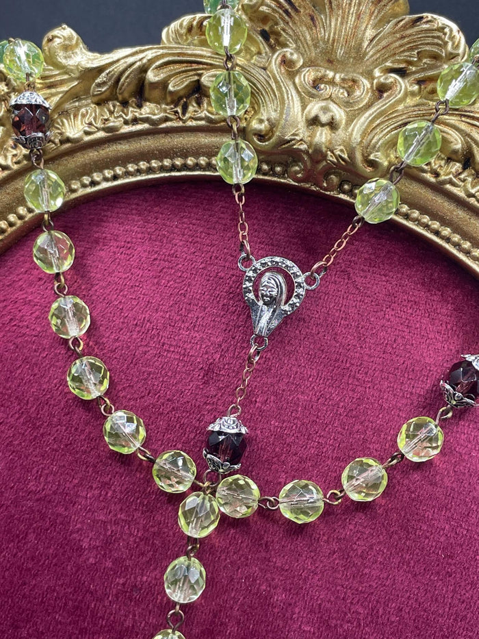 Uranium Glass Rosary with Jesus, Virgin Mary & St. Benedict | Glowing Crimson Beads Necklace