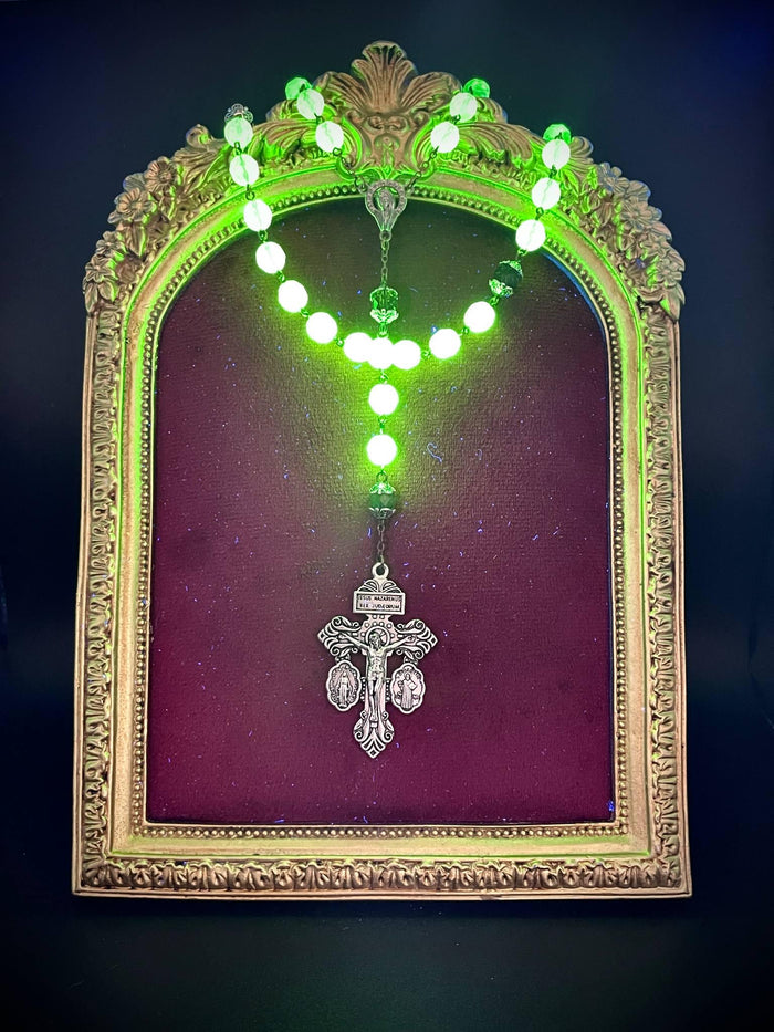 Uranium Glass Rosary with Jesus, Virgin Mary & St. Benedict | Glowing Crimson Beads Necklace
