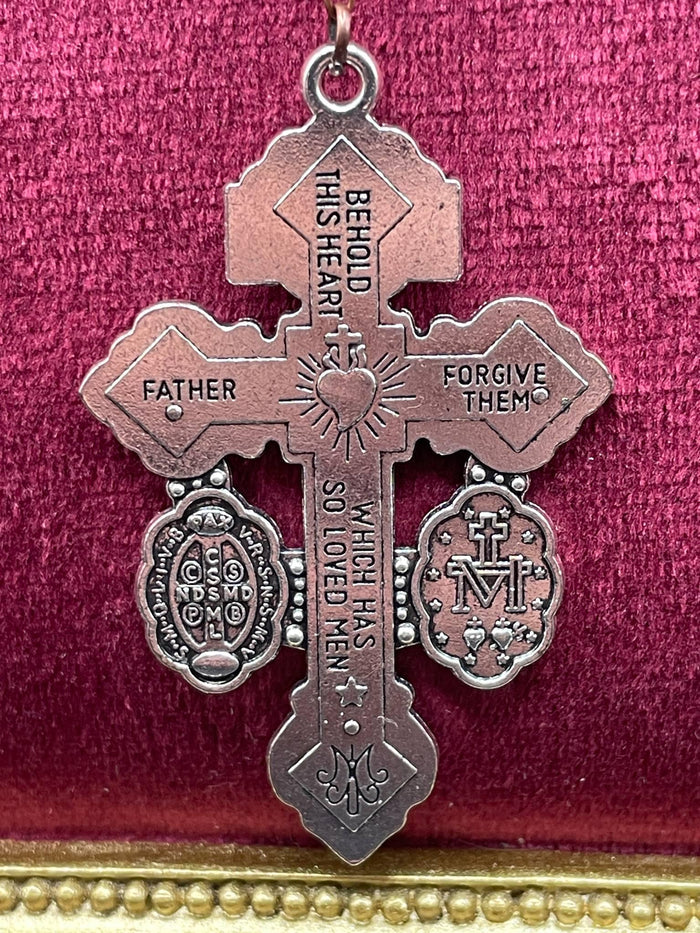 Uranium Glass Rosary with Jesus, Virgin Mary & St. Benedict | Glowing Crimson Beads Necklace