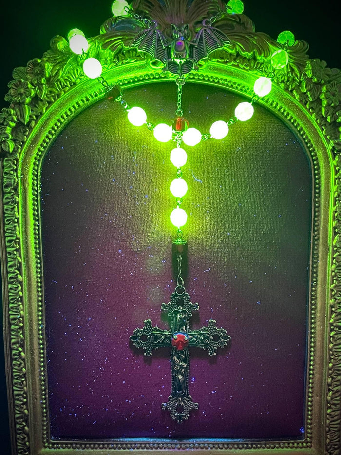 Uranium Glass Vampire Rosary | Gothic Crimson Necklace | UV Glow | Halloween Jewelry