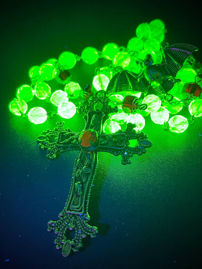 Uranium Glass Vampire Rosary | Gothic Crimson Necklace | UV Glow | Halloween Jewelry