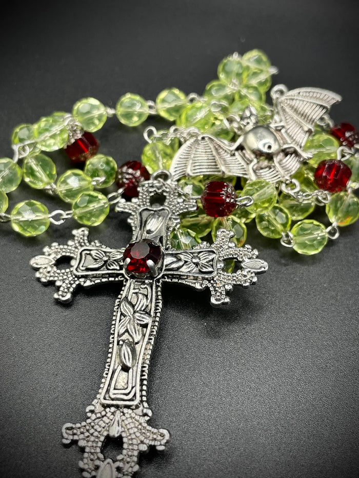 Uranium Glass Vampire Rosary | Gothic Crimson Necklace | UV Glow | Halloween Jewelry