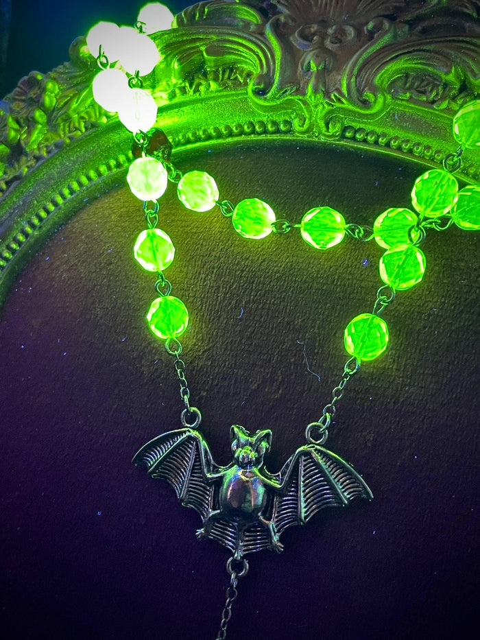 Uranium Glass Vampire Rosary | Gothic Crimson Necklace | UV Glow | Halloween Jewelry