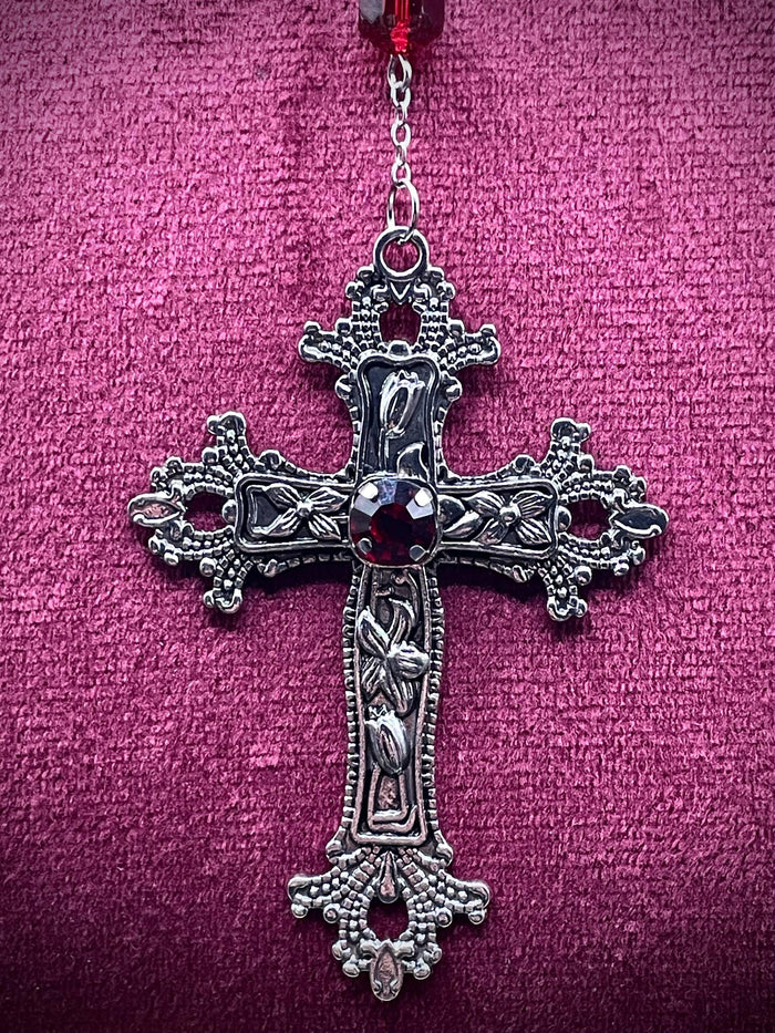 Uranium Glass Vampire Rosary | Gothic Crimson Necklace | UV Glow | Halloween Jewelry