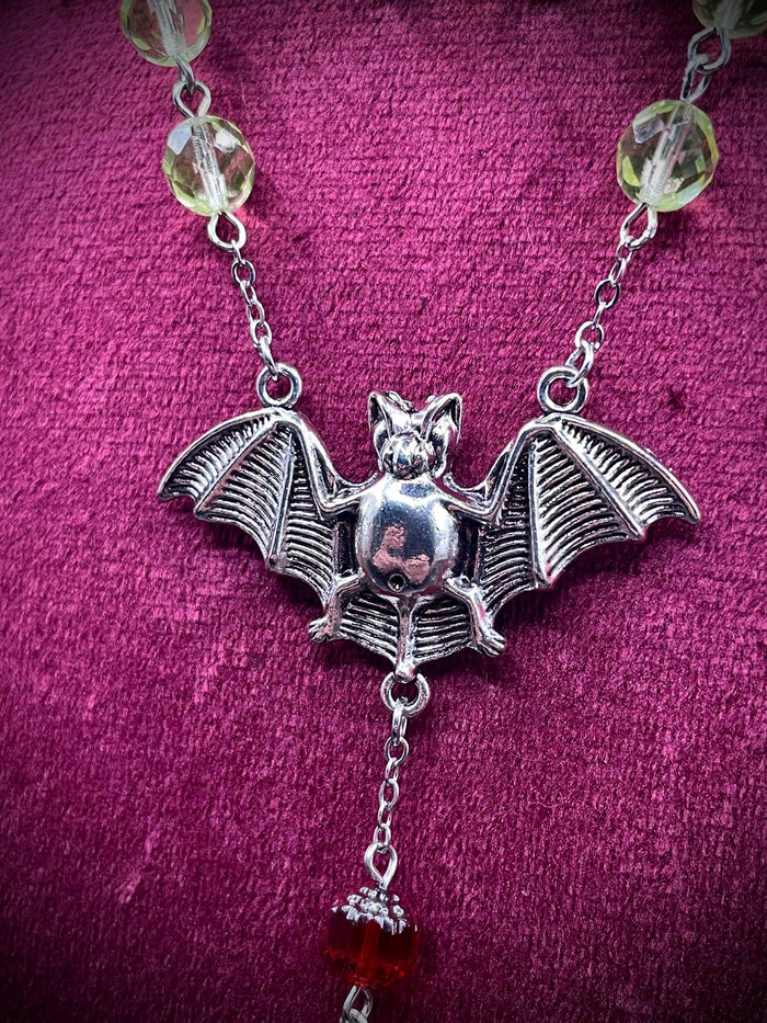 Uranium Glass Vampire Rosary | Gothic Crimson Necklace | UV Glow | Halloween Jewelry