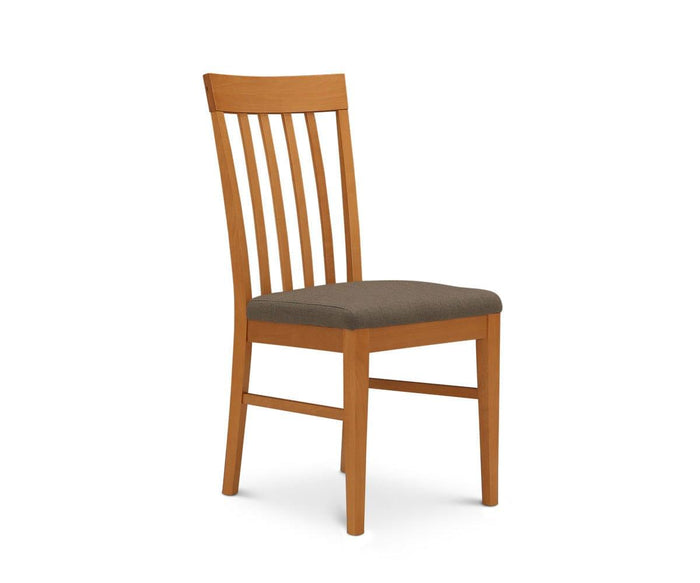 The Vackra Dining Chair is a contemporary piece made from solid beech wood, featuring a slatted wooden backrest and an upholstered brown seat cushion, displayed against a white background.