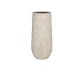The Valentina Planter is a tall, cylindrical fiberstone piece in beige, featuring a slightly rounded base and a smooth, matte finish. Set against a white background, this frost-resistant planter offers modern elegance and durability for both indoor and outdoor spaces.