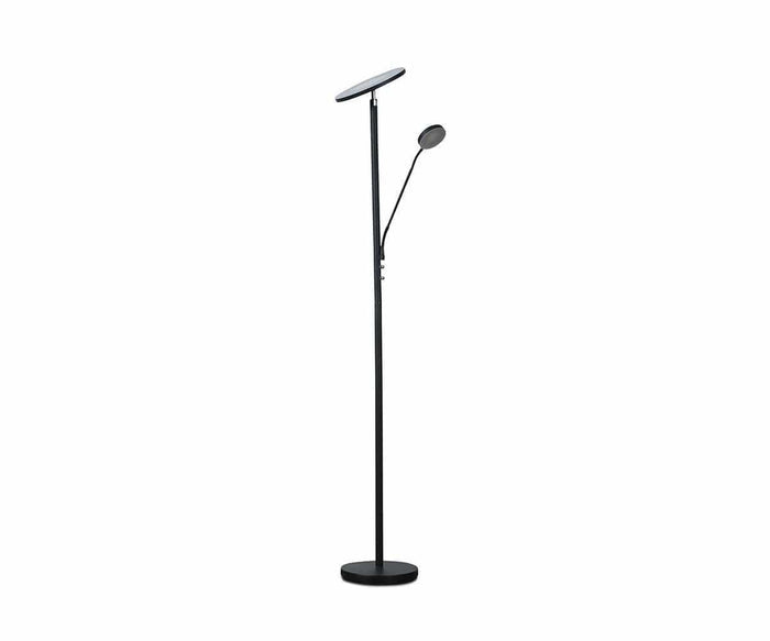 The Viktig Torchiere Floor Lamp in black features a tall, slim profile with a round base, a flat oval top light, and an adjustable side reading light. It includes dimmable switches for customizable illumination in a simple, modern design set against a white background.