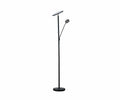 The Viktig Torchiere Floor Lamp in black features a tall, slim profile with a round base, a flat oval top light, and an adjustable side reading light. It includes dimmable switches for customizable illumination in a simple, modern design set against a white background.