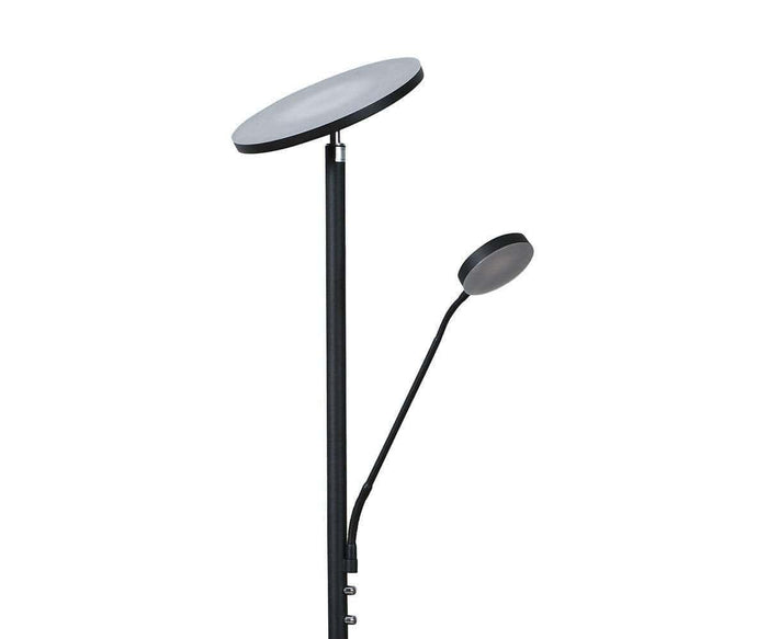 The Viktig Torchiere Floor Lamp is a modern black LED floor lamp with two round LED light heads—one large and one smaller—each mounted on separate adjustable arms against a white background. This stylish fixture features dimmable switches and an adjustable reading light, offering versatile illumination options.