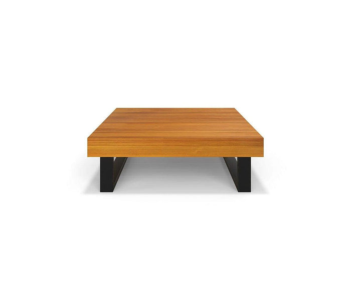 Vila Outdoor Square Coffee Table in a teak finish with a thick, flat top and black metal legs, shown against a plain white background.