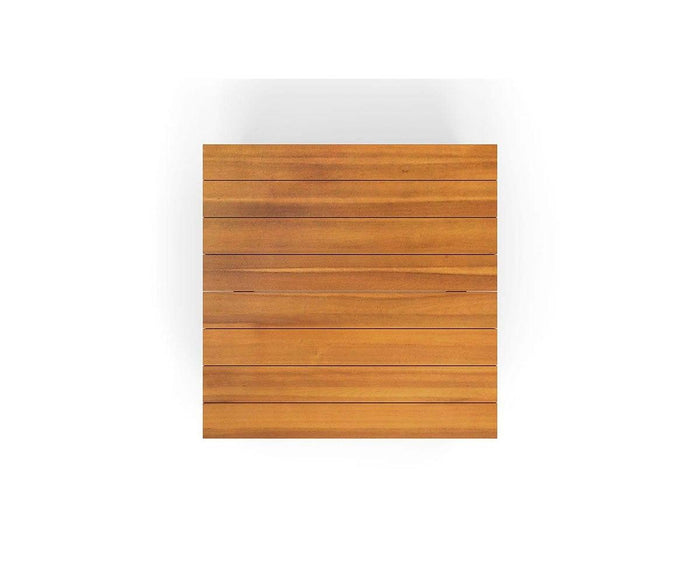 The Vila Outdoor Square Coffee Table, crafted from acacia wood with horizontal slats, is shown from above against a white background.