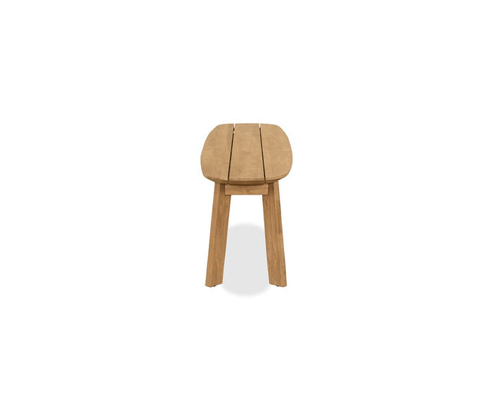 The Vinicio Outdoor Bench, crafted from solid teak with a rounded, slatted seat and three legs, is shown from the front against a plain white background.