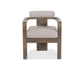 The Vinna Outdoor Dining Chair, shown here in Vinna Beige, features a modern wooden frame with a curved backrest and cushioned seat and back for exceptional style and comfort. Designed as weather-resistant outdoor furniture, it stands out beautifully against a white background.