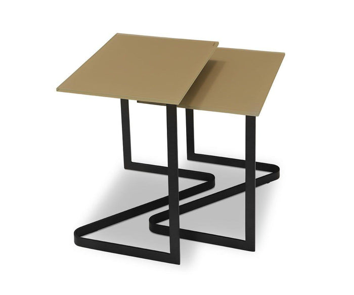 The Vinstra Nesting Tables are a pair of contemporary side tables featuring tan-hued square tempered glass tops and black metal zigzag legs that intersect, resulting in an overlapping geometric silhouette with a minimalist, modern flair.