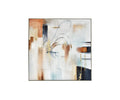 Watery Reverie Oil Painting is a modern, multi-colored abstract artwork featuring sweeping gray lines across a white background, with blocks of warm tan, earthy brown, and deep navy blue. Gold leaf accents add texture to this square-framed piece—an ideal choice for anyone seeking sophisticated pastel wall art for their space.
