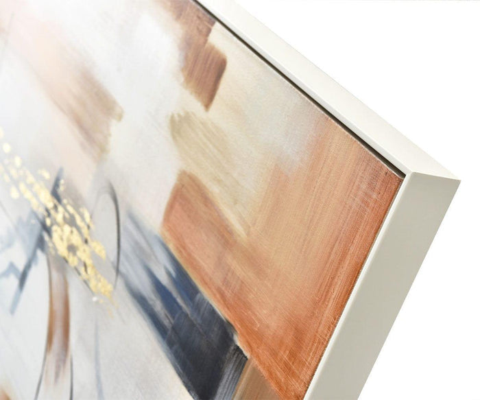Close-up of the Watery Reverie Oil Painting, a framed abstract artwork featuring beige, brown, blue, and gold brushstrokes; set in a sleek white frame with clean, modern lines that perfectly complement this contemporary piece.