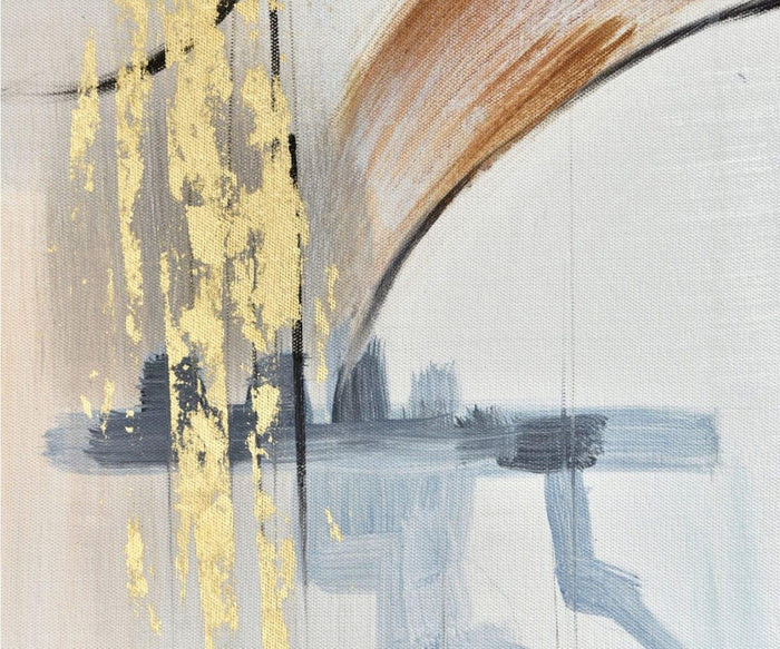 Watery Reverie Oil Painting features gold vertical streaks, gray and blue brush strokes, and a brown curved line across a light canvas background. This modern composition is textured and embodies the elegance of contemporary art.