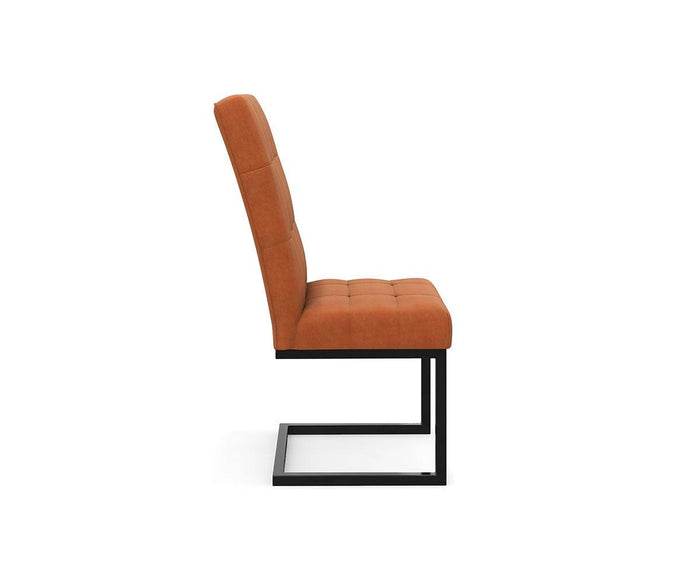 Side view of the West Dining Chair, featuring a modern cantilever design with a cushioned orange-brown seat and backrest, supported by a sleek black metal frame, isolated on a white background.