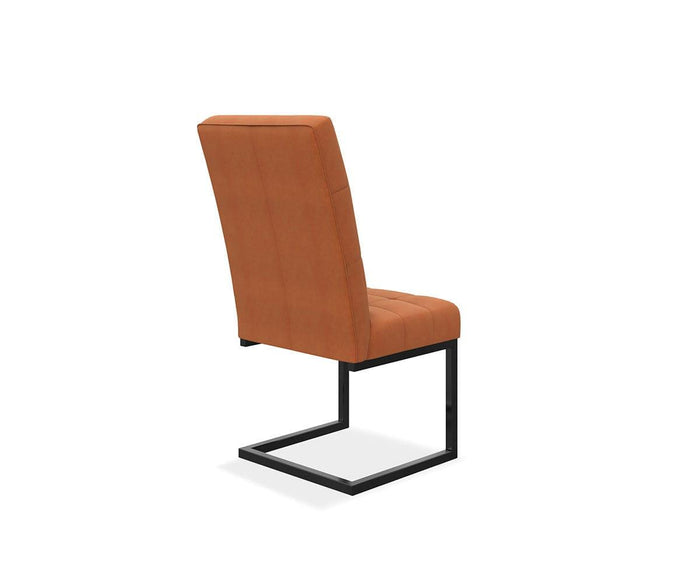 The West Dining Chair is a modern mid-century piece featuring an orange cushioned seat and backrest, supported by a black metal cantilever frame, displayed against a white background.
