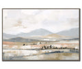 Bring tranquil beauty into your home with the Whisper Valley Wall Art. This multi-colored abstract landscape features softly blended mountains in the background, a gentle cloudy sky, and subtle hints of trees and buildings across fields in the foreground. Perfect as serene wall decor for any space.
