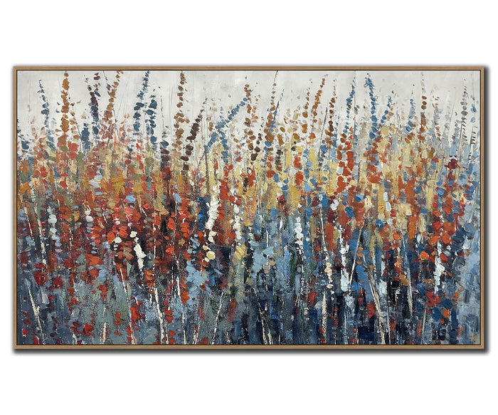 Bring a burst of color to your home with the Wildflowers Wall Art, featuring tall, multi-colored wildflowers in blue, orange, red, white, and yellow hues against a subtle light background. The textured brushstrokes create a lively and dynamic feel, making this unique wall art the ideal nature-inspired decor accent for any space.