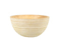 Introducing the Winifred Bowl—a handcrafted, round mango wood bowl featuring evenly spaced horizontal white stripes around its exterior. Made from sustainably sourced materials in a light-colored finish, this stylish piece is showcased against a plain white background.