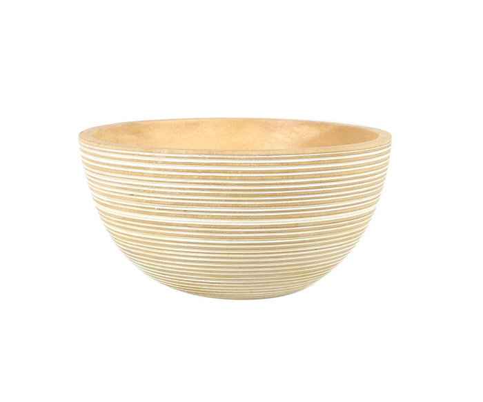 Introducing the Winifred Bowl—a handcrafted, round mango wood bowl featuring evenly spaced horizontal white stripes around its exterior. Made from sustainably sourced materials in a light-colored finish, this stylish piece is showcased against a plain white background.
