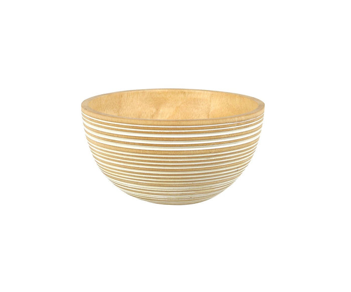 Introducing the Winifred Bowl: a light, handcrafted bowl made from sustainably sourced mango wood, featuring horizontal white stripes circling its exterior. Photographed against a plain white background.