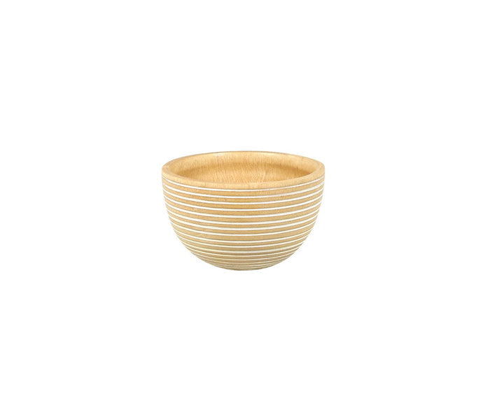 The Winifred Bowl, featuring a small, round design crafted from sustainably sourced mango wood with evenly spaced horizontal white stripes encircling its exterior, is showcased against a plain white background.