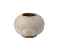 The Winifred Round Vase, featuring a wide-mouthed handcrafted design and horizontal white and tan stripes, sits on a small circular base against a plain white background.