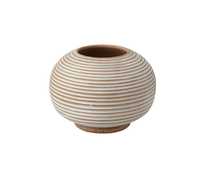 The Winifred Round Vase, featuring a wide-mouthed handcrafted design and horizontal white and tan stripes, sits on a small circular base against a plain white background.