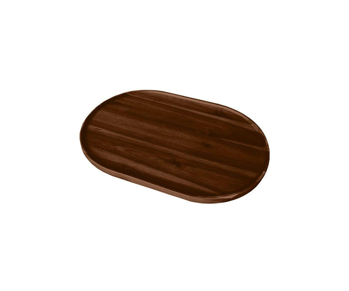 A walnut-colored, oval-shaped Wooden Serving Tray with a smooth, food-safe surface is displayed on a white background—ideal for use as a cutting board or an elegant charcuterie display.